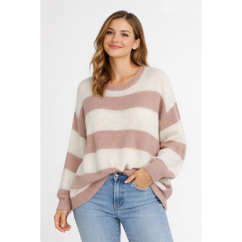 Hayden Women's Sweater Oversized Neutral Knit Stripe Pullover 2XL NWT